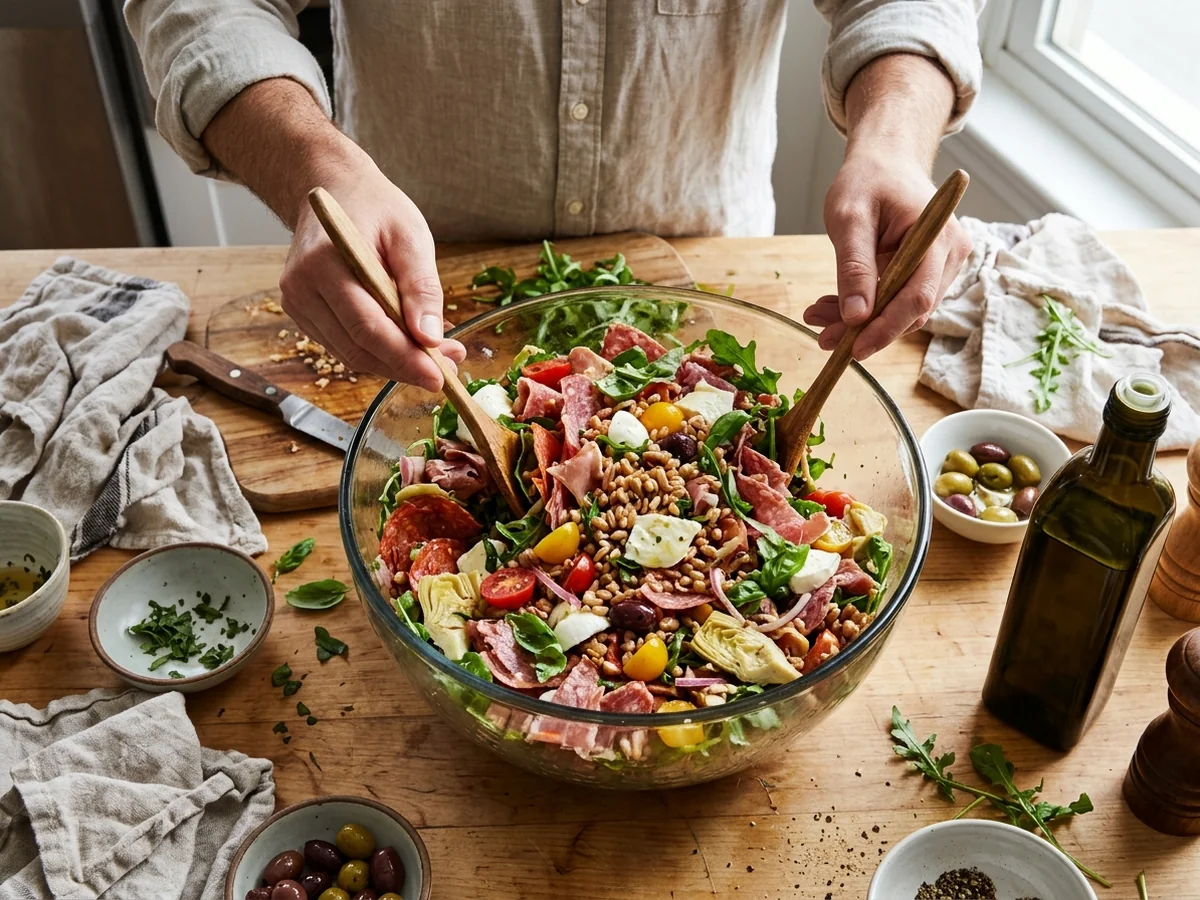 Assembling the Classic Antipasto Elements - antipasto farro salad