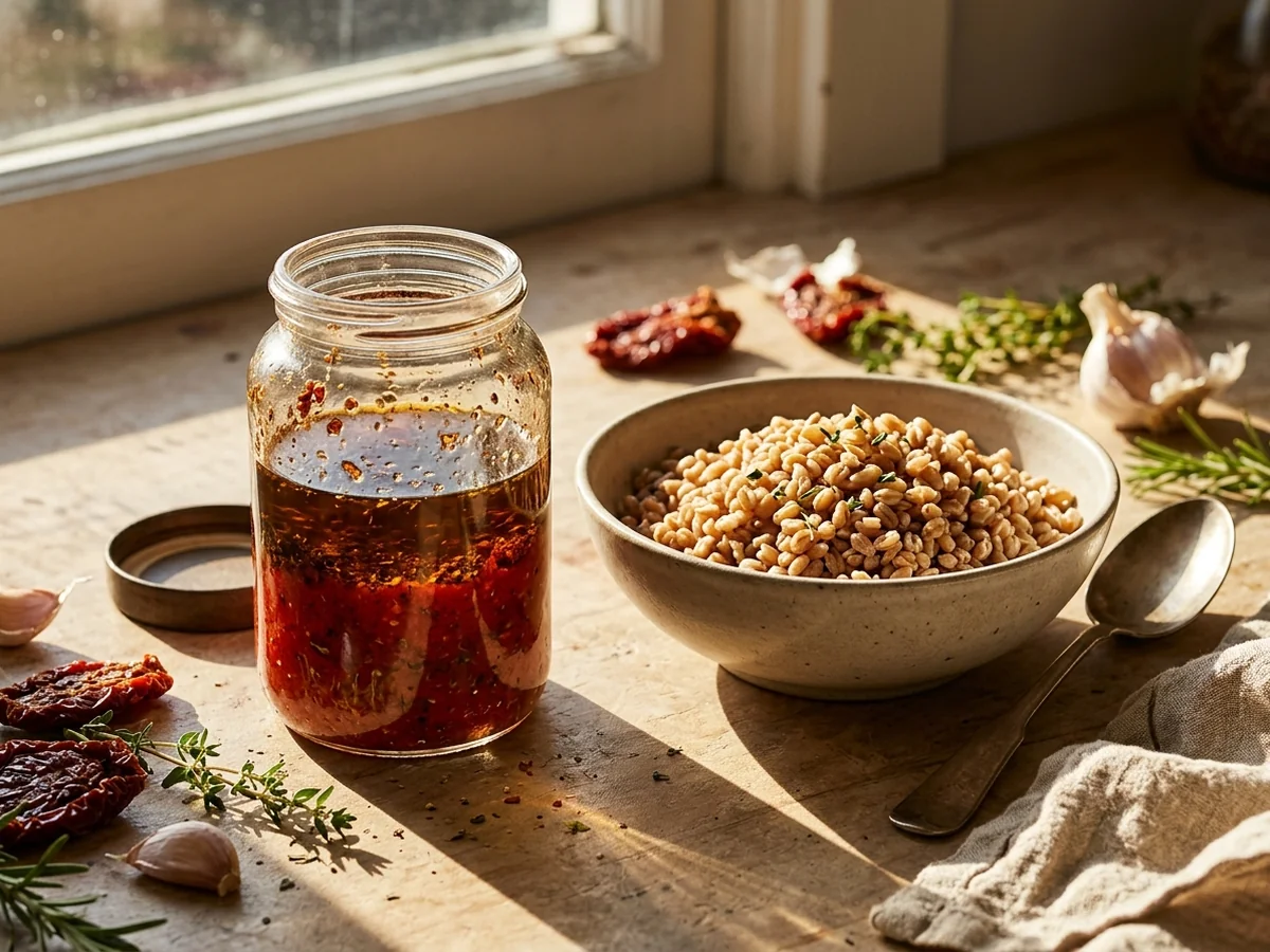Crafting the Bold Sun-Dried Tomato Vinaigrette - antipasto farro salad
