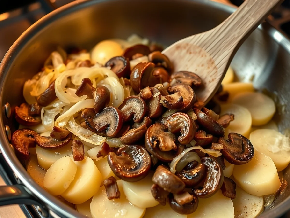 Adding Onions and Mushrooms - creamy potato and brie bake