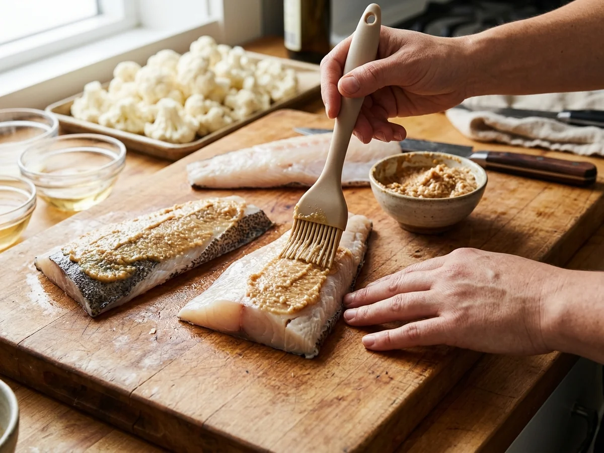 Preparing The Miso Cod - miso cod cauliflower puree