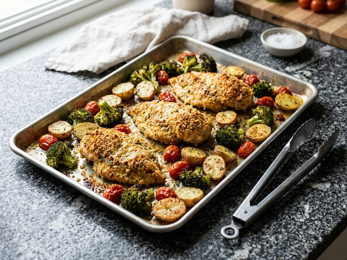 Sheet Pan Cooking Tools - parmesan crusted chicken sheet pan dinner